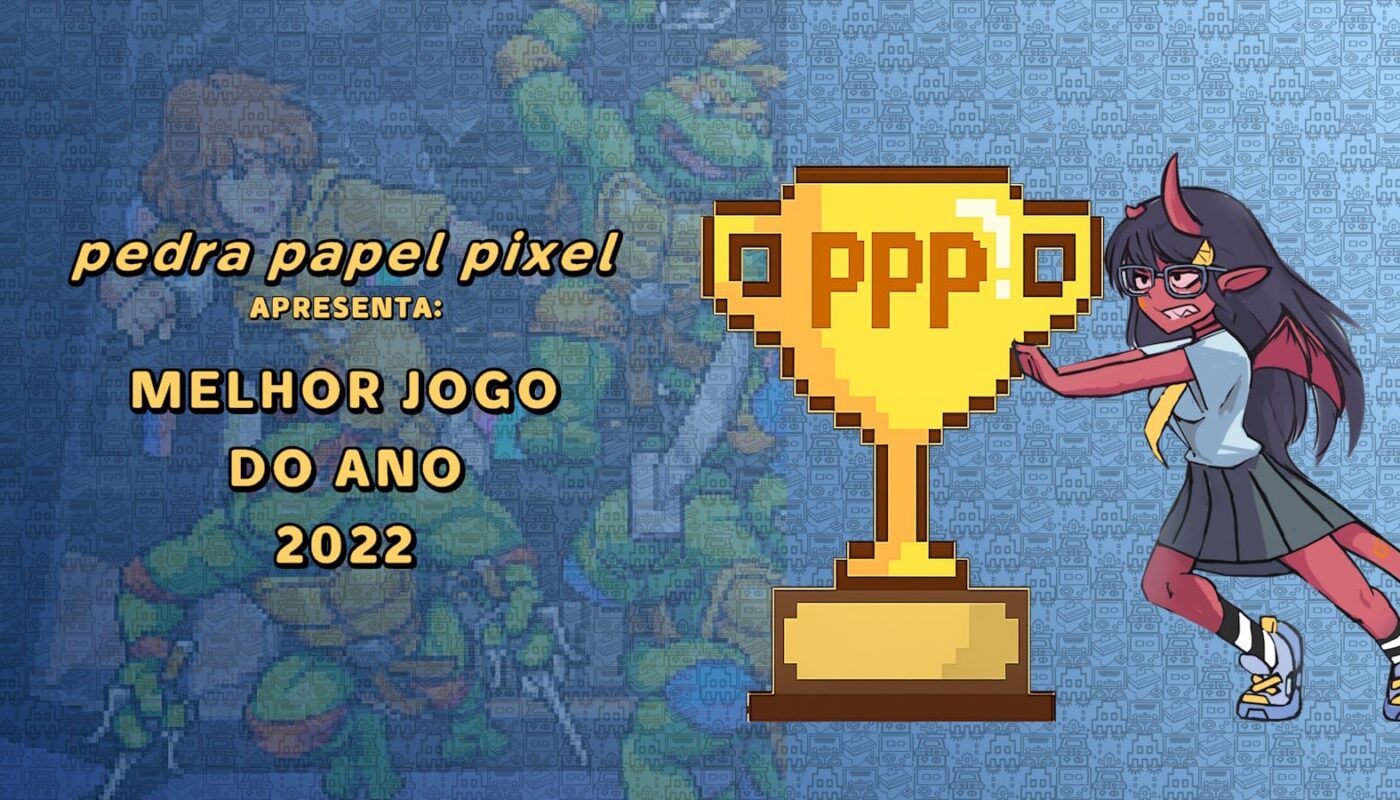 Ilustração com troféu dourado pixelado marcado ‘PPP 2022’, personagem vermelho com chifres empurrando o troféu e fundo azul com padrões de robôs e figuras pixeladas.