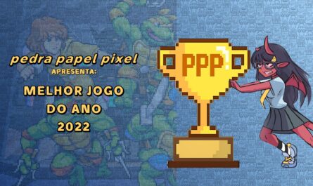 Ilustração com troféu dourado pixelado marcado ‘PPP 2022’, personagem vermelho com chifres empurrando o troféu e fundo azul com padrões de robôs e figuras pixeladas.