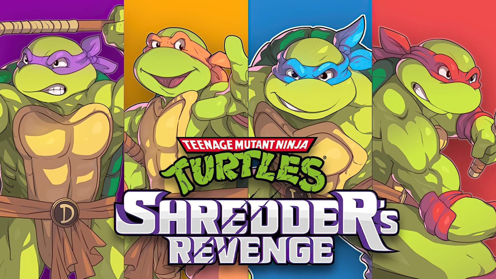 Arte promocional com as quatro Tartarugas Ninja em poses de combate, cada uma em seção colorida correspondente à sua máscara, com logotipo do jogo ao centro.
