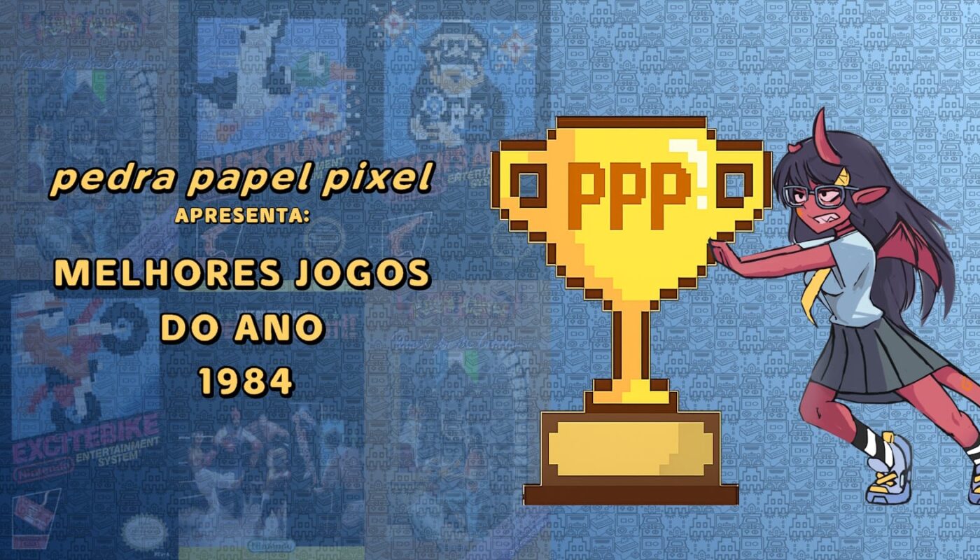 Ilustração com troféu dourado pixelado marcado ‘PPP 1984’, personagem vermelho com chifres empurrando o troféu e fundo com capas de jogos clássicos desfocadas.