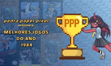 Ilustração com troféu dourado pixelado marcado ‘PPP 1984’, personagem vermelho com chifres empurrando o troféu e fundo com capas de jogos clássicos desfocadas.