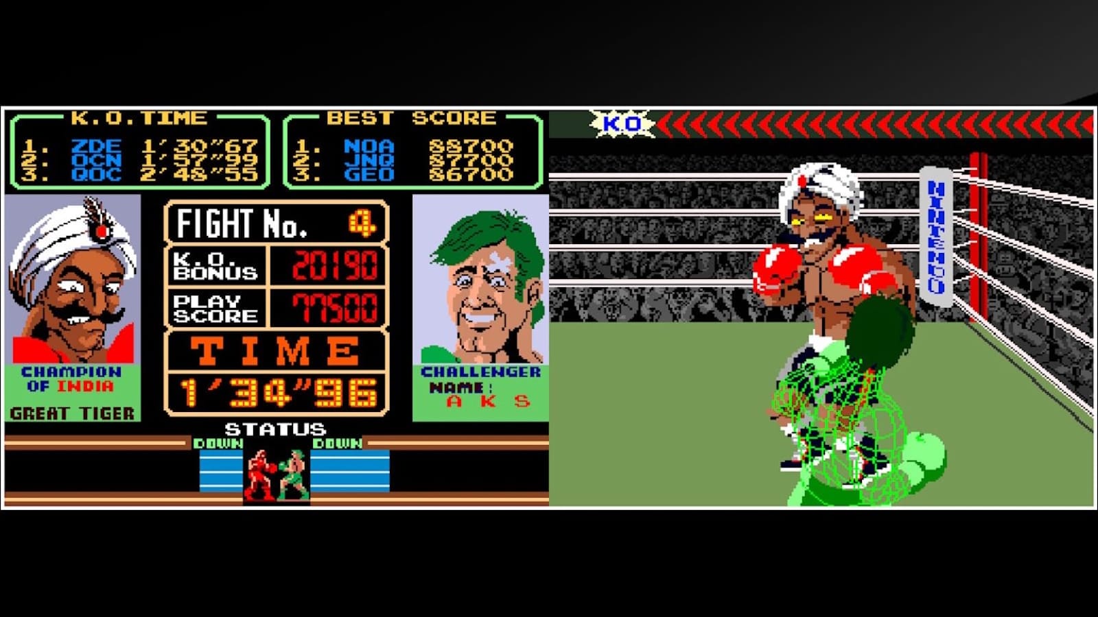 Tela de Punch‑Out!! com placar detalhado à esquerda e luta entre Great Tiger e desafiante no ringue, público ao fundo e poste marcado ‘Nintendo’.
