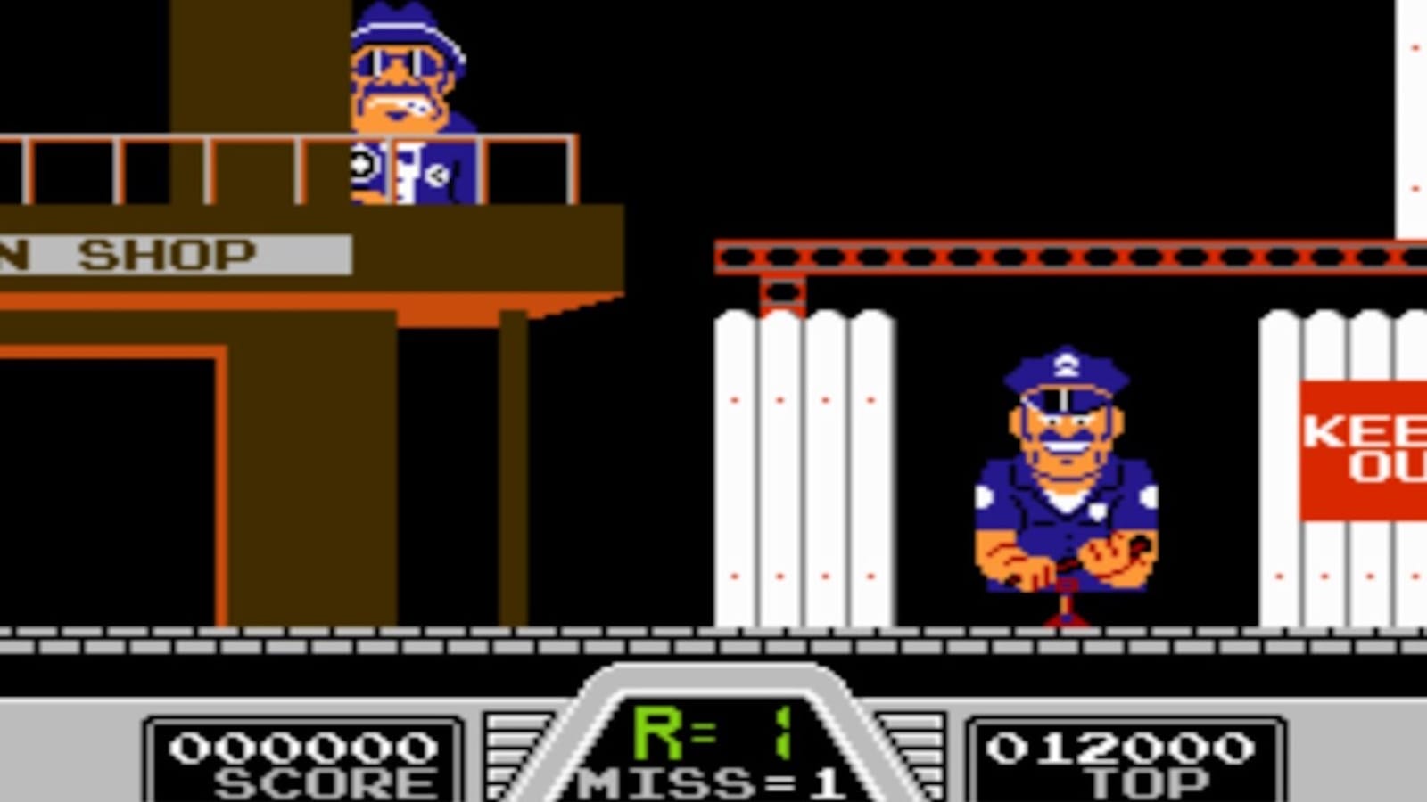 Tela de jogo 8‑bit com dois policiais em uniforme azul, um sobre plataforma ‘SHOP’ e outro perto de cerca com placa ‘KEEP OUT’, interface com pontuação na base.