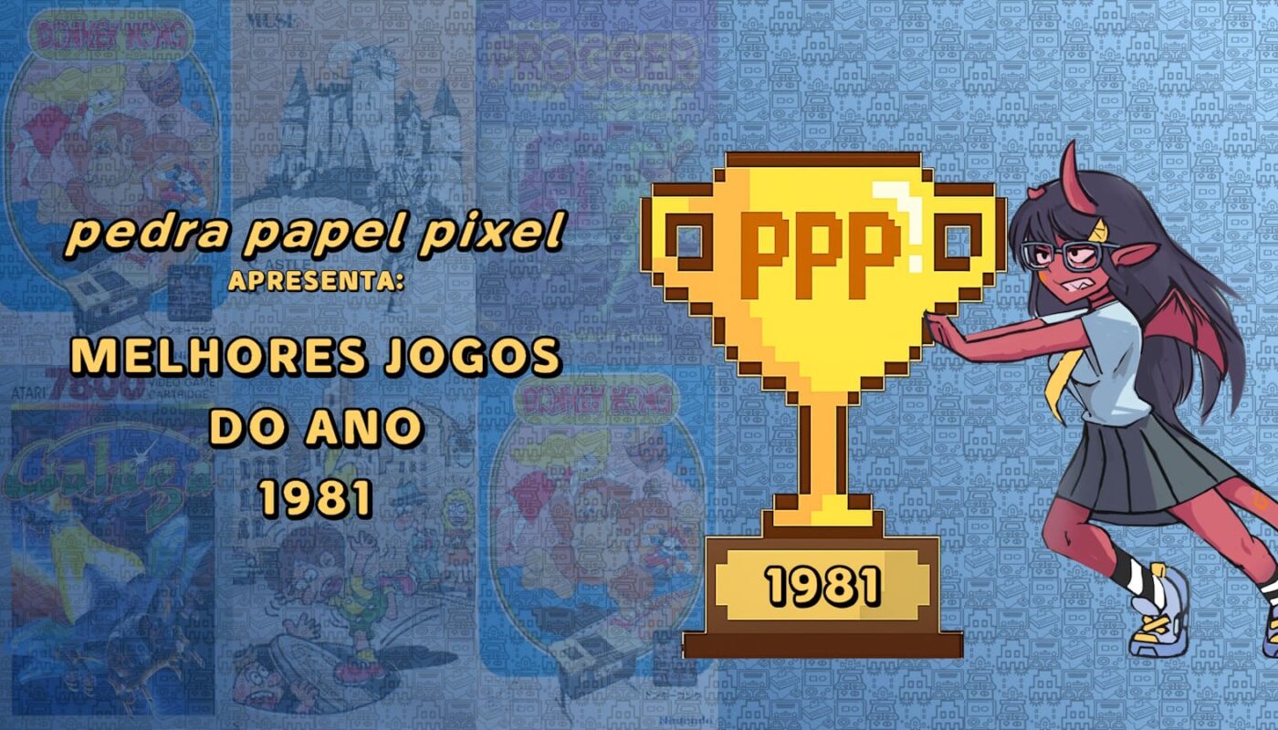 Ilustração com troféu dourado pixelado marcado ‘PPP 1981’, personagem vermelho com chifres empurrando o troféu e fundo com padrão repetido.