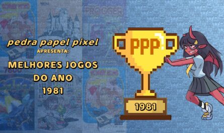Ilustração com troféu dourado pixelado marcado ‘PPP 1981’, personagem vermelho com chifres empurrando o troféu e fundo com padrão repetido.