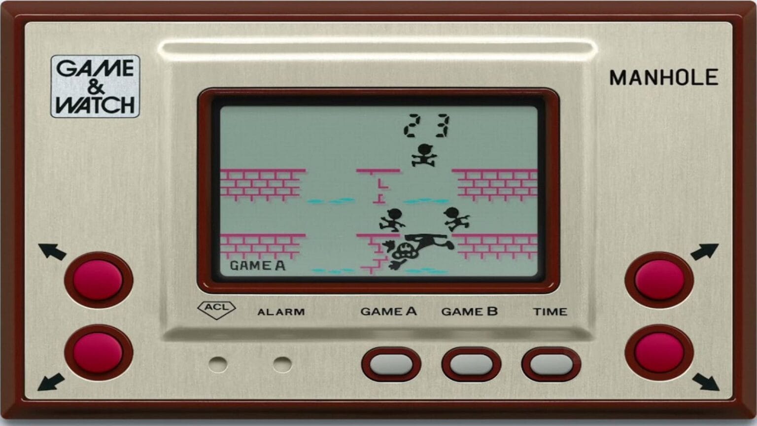 Dispositivo portátil Game & Watch ‘Manhole’ com tela LCD mostrando personagens e plataformas, moldura metálica e botões vermelhos de direção.