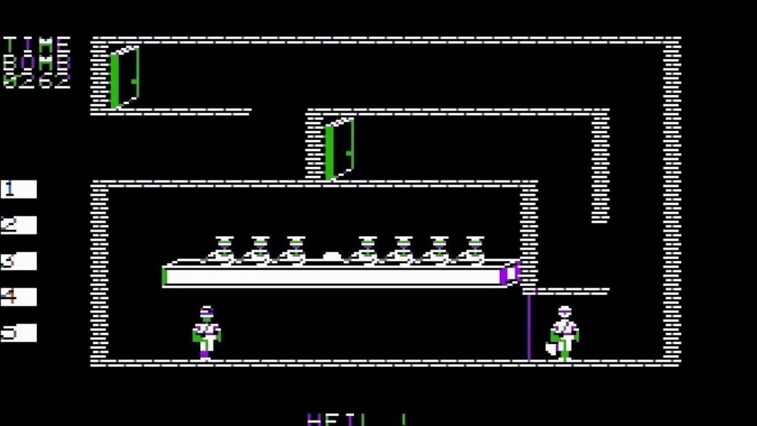 Tela de jogo antigo mostrando laboratório com paredes brancas, portas verdes, personagens em salas separadas e contador ‘TIME BOMB’ no canto.