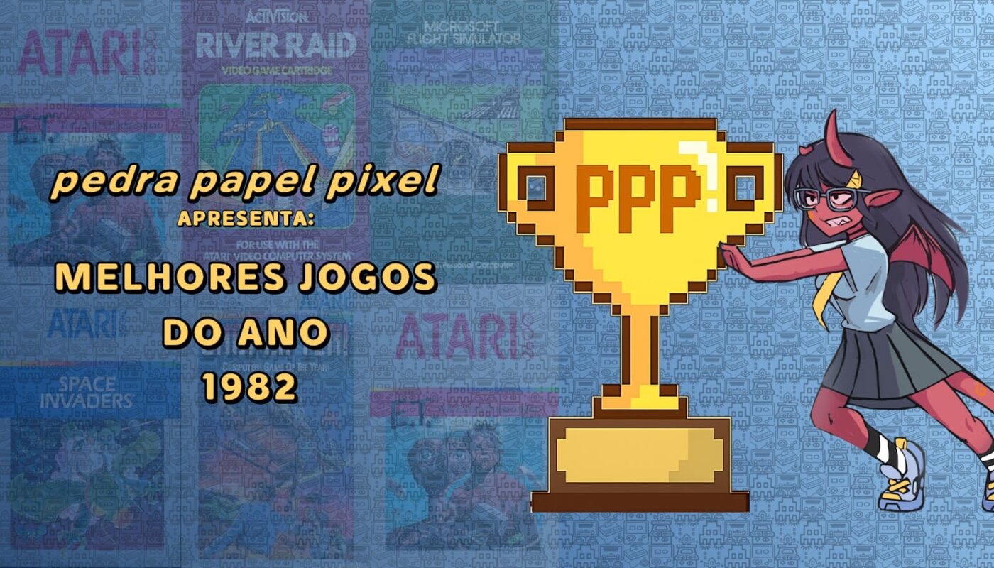 Ilustração com troféu dourado pixelado marcado ‘PPP 1982’, personagem vermelho com chifres empurrando o troféu e fundo com rostos robóticos repetidos.