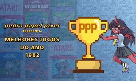 Ilustração com troféu dourado pixelado marcado ‘PPP 1982’, personagem vermelho com chifres empurrando o troféu e fundo com rostos robóticos repetidos.
