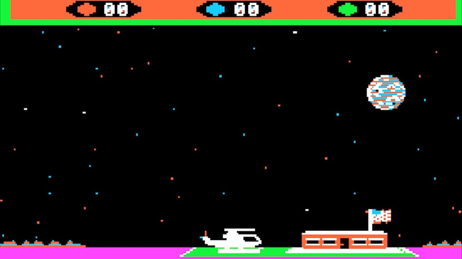 Tela de jogo retrô com helicóptero branco, prédio vermelho com bandeira, planeta multicolorido no céu e fundo estrelado pixelado.