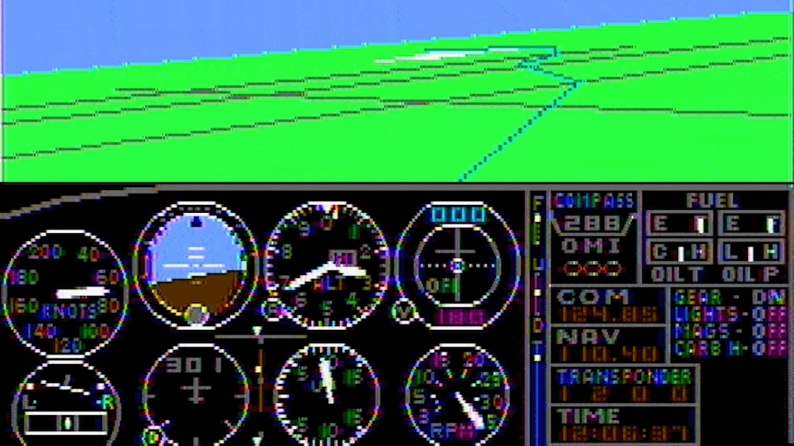 Interface de simulador de voo antigo com paisagem simples em 3D na parte superior e instrumentos de cockpit como horizonte artificial, bússola e indicadores na parte inferior.
