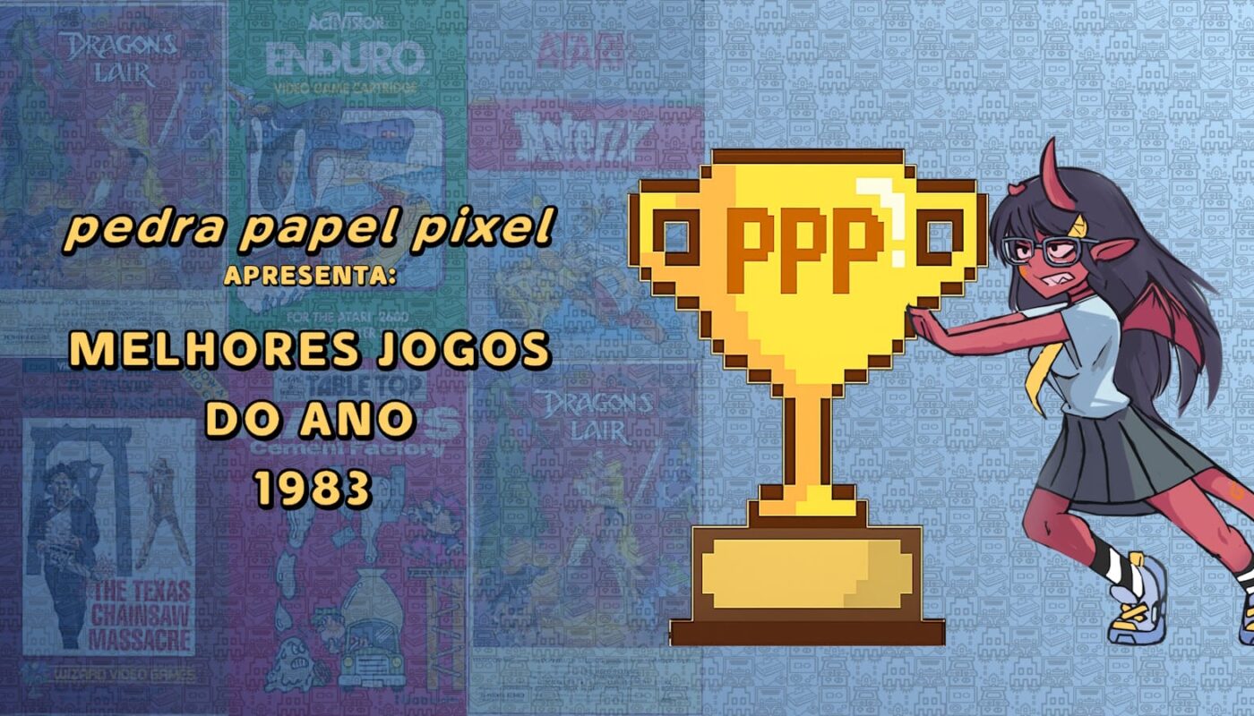 Ilustração com troféu dourado pixelado marcado ‘PPP 1983’, personagem vermelho com chifres empurrando o troféu e fundo com capas de jogos clássicos desfocadas.