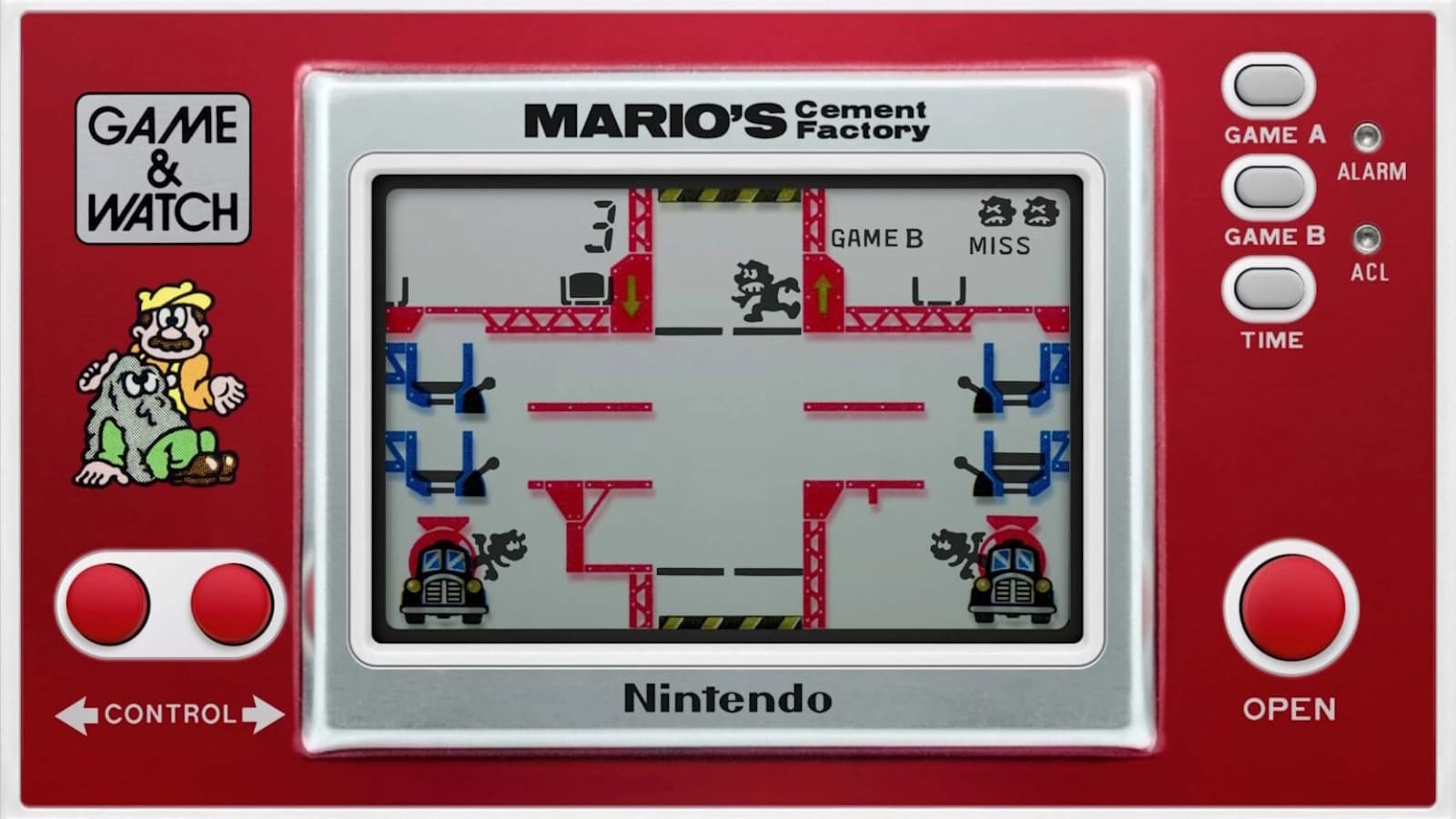 Dispositivo portátil Game & Watch ‘Mario’s Cement Factory’ com tela LCD mostrando Mario operando máquinas, moldura vermelha e botões de controle.