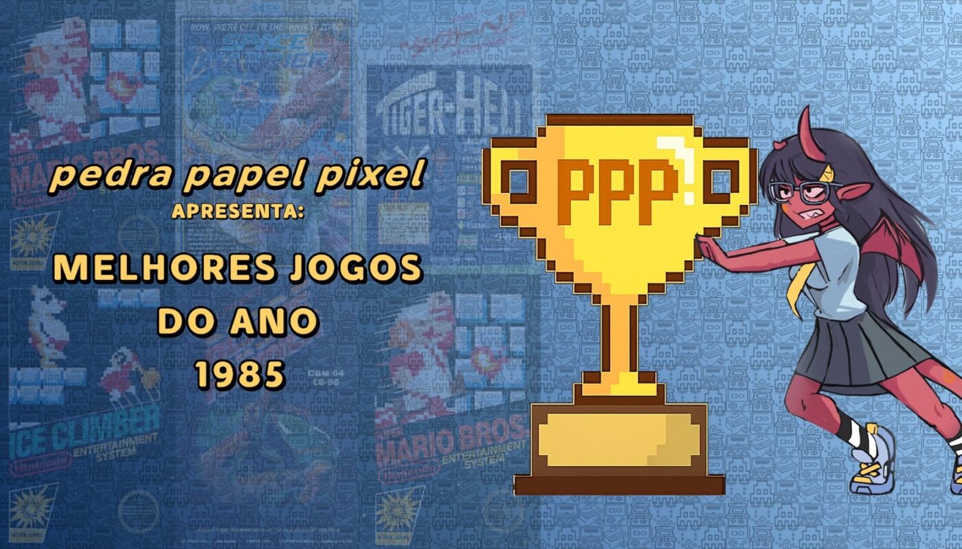 Ilustração com troféu dourado pixelado marcado ‘PPP 1985’, personagem vermelho com chifres empurrando o troféu e fundo com capas de jogos clássicos desfocadas.
