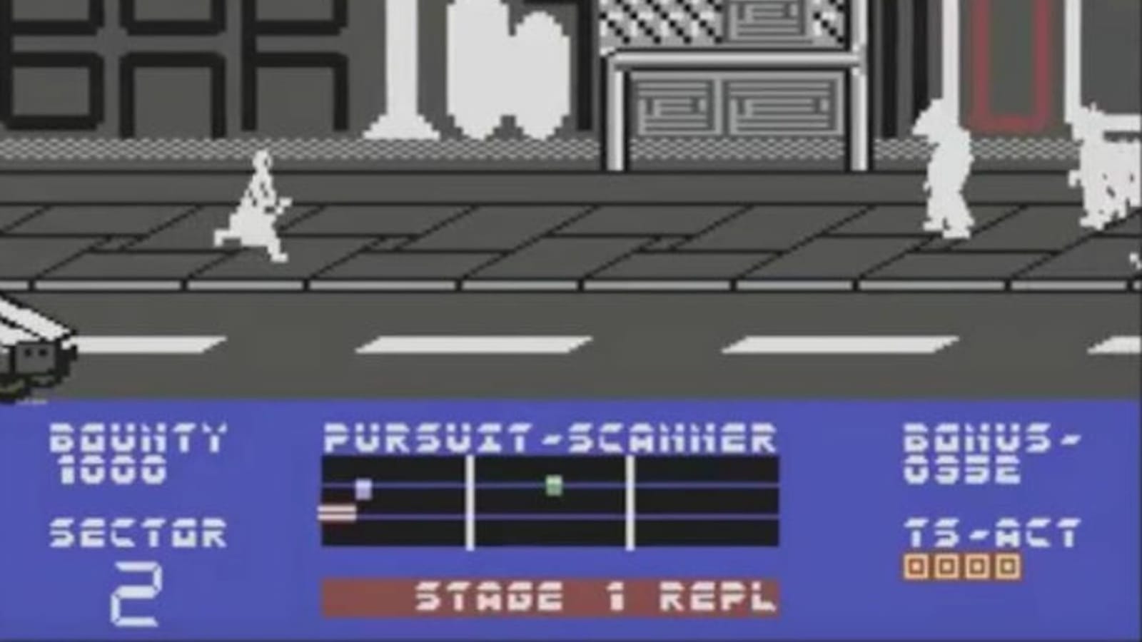 Tela de jogo retrô mostrando rua com carros e figuras humanas pixeladas, prédios ao fundo e interface azul com textos como ‘BOUNTY 1000’ e ‘SECTOR 2’.