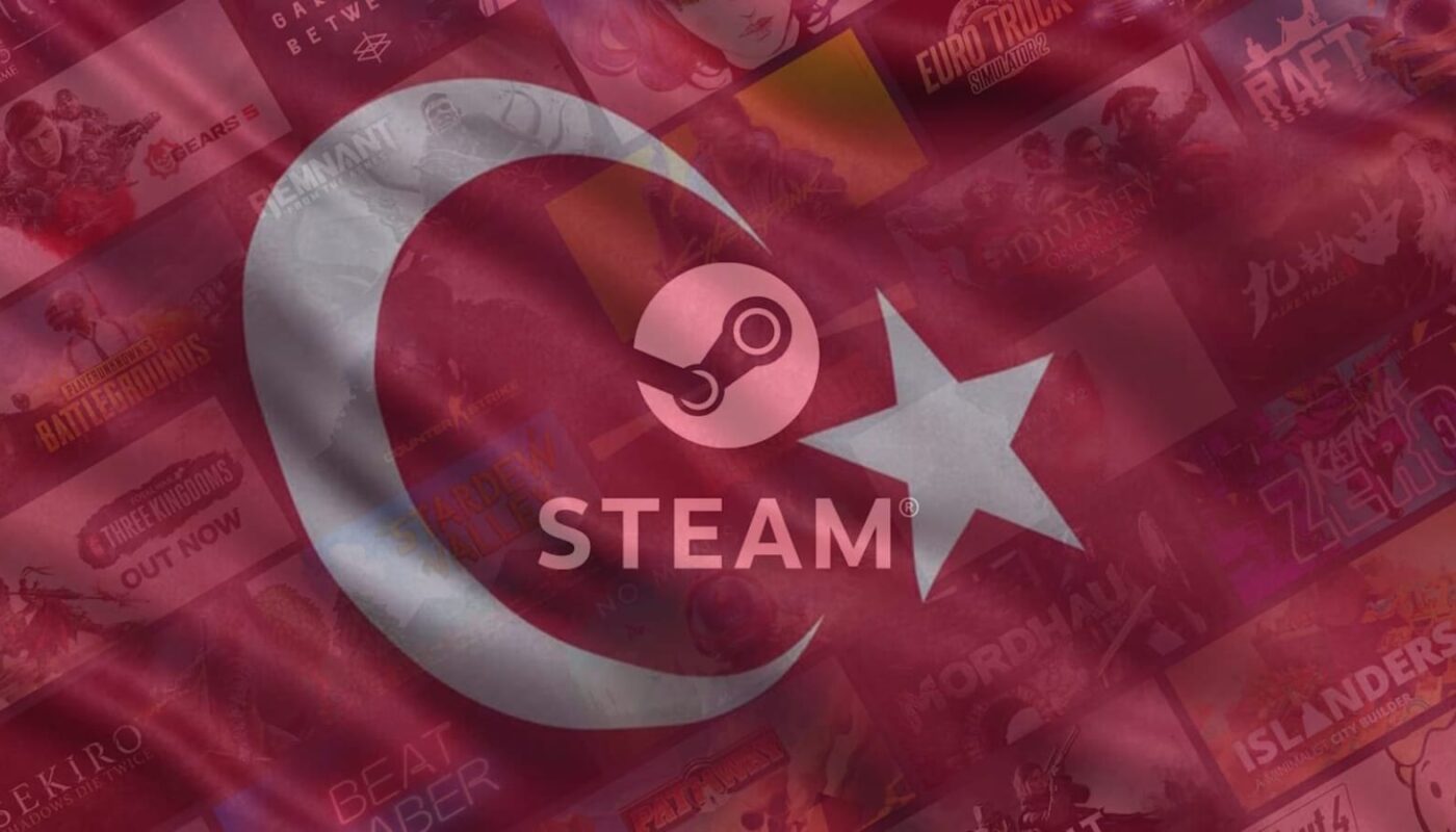 Bandeira da Turquia com logo da Steam ao centro sobre fundo composto por várias capas de jogos.