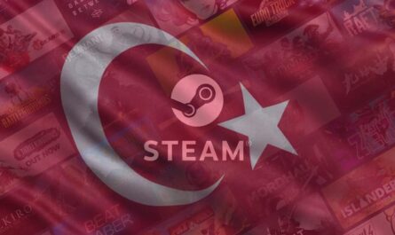 Bandeira da Turquia com logo da Steam ao centro sobre fundo composto por várias capas de jogos.