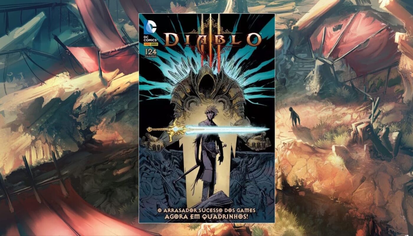 Capa de quadrinho ‘Diablo III’ com personagem segurando espada azul brilhante diante de figura encapuzada e armadura imponente com energia azul ao fundo. Layout escuro com elementos fantásticos e texto promocional na parte superior.