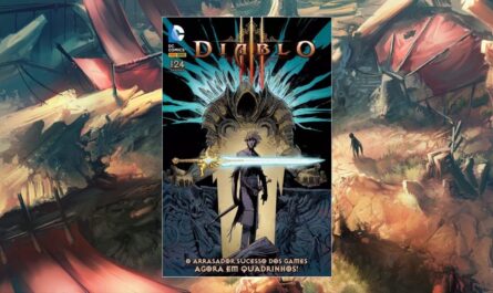 Capa de quadrinho ‘Diablo III’ com personagem segurando espada azul brilhante diante de figura encapuzada e armadura imponente com energia azul ao fundo. Layout escuro com elementos fantásticos e texto promocional na parte superior.