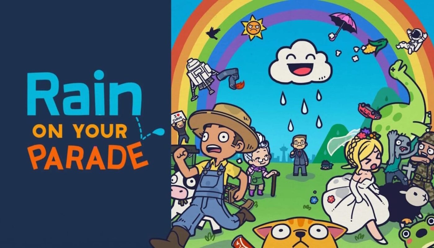 Ilustração colorida com título ‘Rain on Your Parade’. À direita, nuvem sorridente chovendo sobre vários personagens, fazendeiro com vaca, idoso, noiva em ovelha, soldado enfrentando zumbi, gato, sapo, robô, astronauta e sol irritado, sob arco‑íris e colinas verdes.