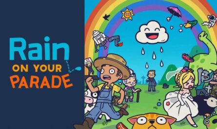 Ilustração colorida com título ‘Rain on Your Parade’. À direita, nuvem sorridente chovendo sobre vários personagens, fazendeiro com vaca, idoso, noiva em ovelha, soldado enfrentando zumbi, gato, sapo, robô, astronauta e sol irritado, sob arco‑íris e colinas verdes.
