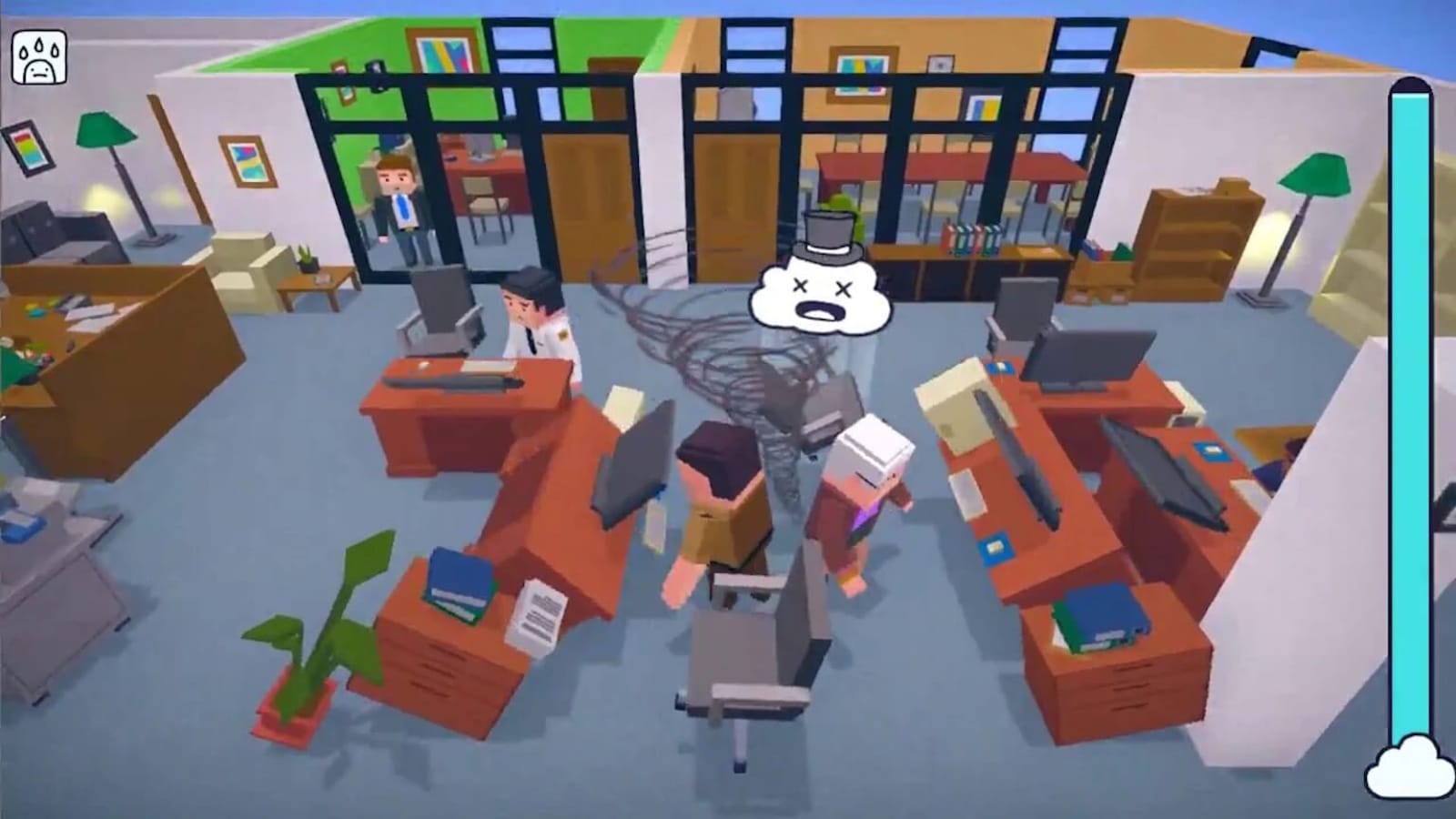 Cena de escritório em estilo cartoon com mesas, computadores e personagens em trajes de trabalho. No centro, tornado cinza com ícone de nuvem de cartola e olhos ‘X’ indicando caos.