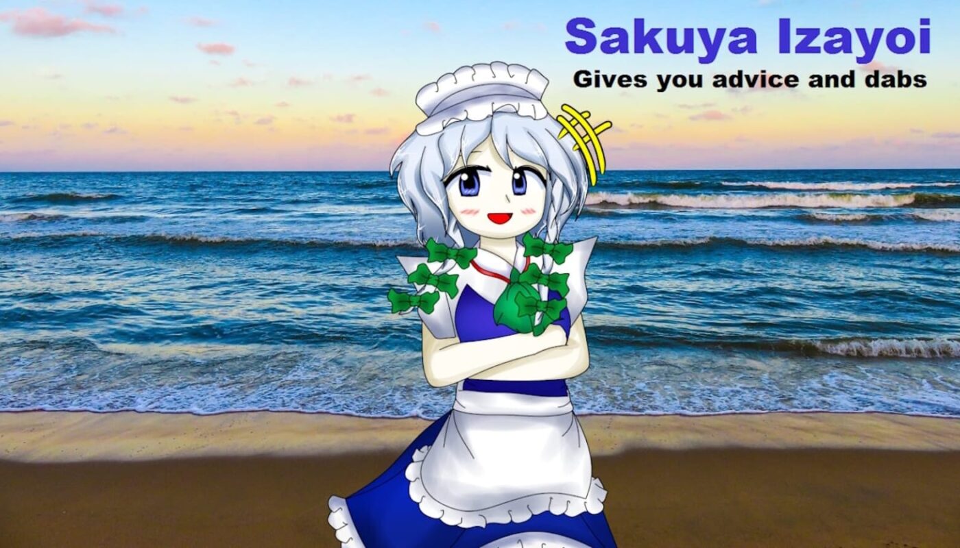 Personagem anime de cabelo prateado em roupa de maid azul e branca, braços cruzados, sorrindo diante de praia ao pôr do sol. Texto no canto superior direito diz ‘Sakuya Izayoi Gives you advice and dabs’.