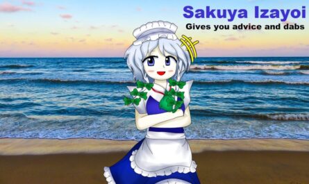Personagem anime de cabelo prateado em roupa de maid azul e branca, braços cruzados, sorrindo diante de praia ao pôr do sol. Texto no canto superior direito diz ‘Sakuya Izayoi Gives you advice and dabs’.