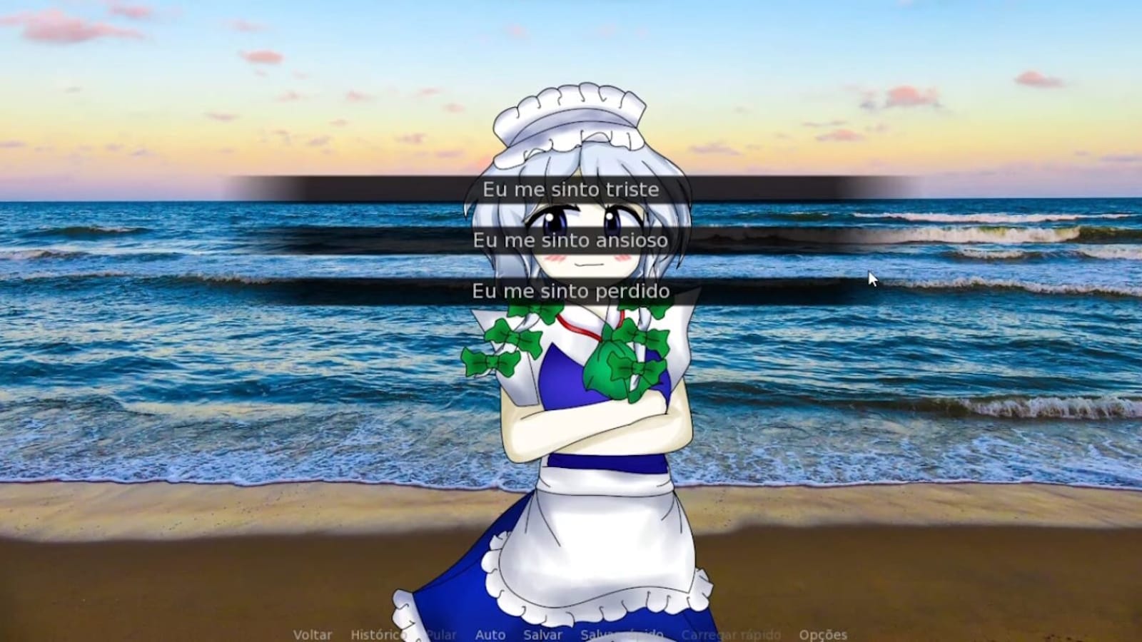 Personagem anime em roupa de maid azul e branca em praia ao entardecer. Sobre a imagem, três opções de diálogo: ‘Eu me sinto triste’, ‘Eu me sinto ansioso’, ‘Eu me sinto perdido’. Barra inferior mostra comandos de visual novel como Voltar, Histórico, Auto e Salvar.