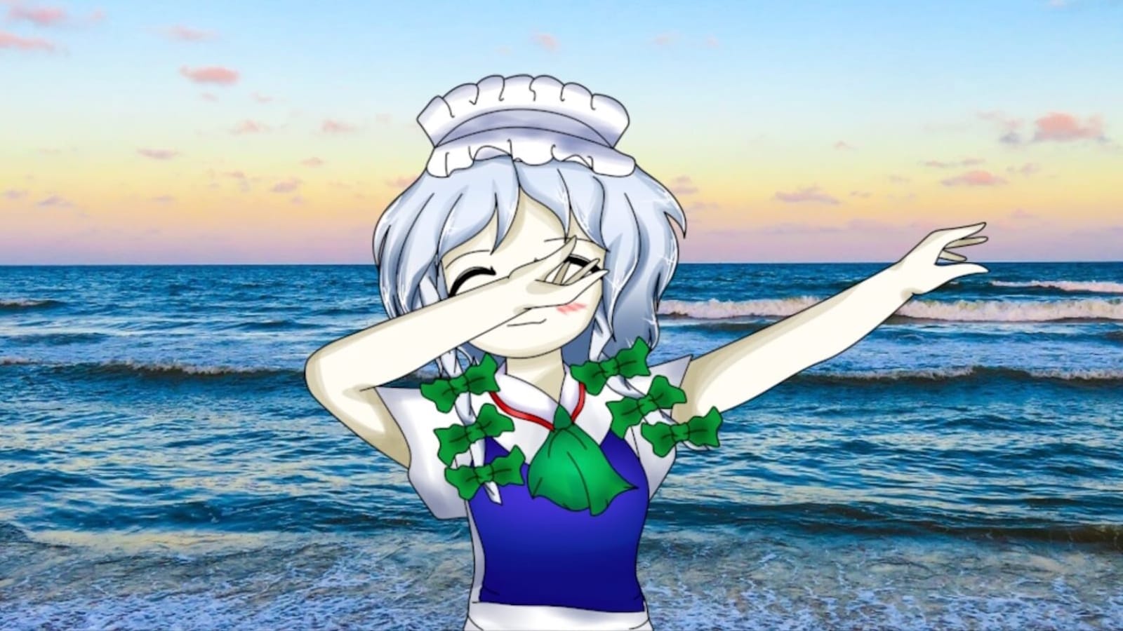 Figura anime de cabelo azul claro e roupa azul com laços verdes faz gesto de dab diante de oceano com céu colorido ao pôr do sol.