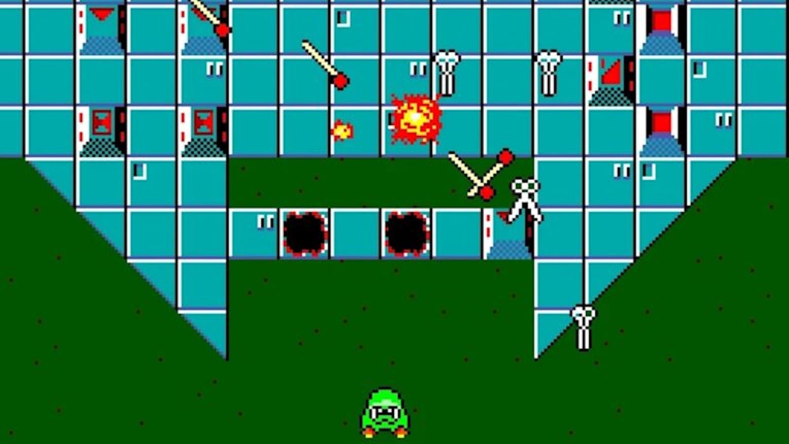 Cena pixelada com personagem verde no chão enquanto a parte superior mostra parede azul quadriculada com objetos como tesouras, fósforos e explosões. Dois buracos circulares pretos com bordas vermelhas aparecem no centro.
