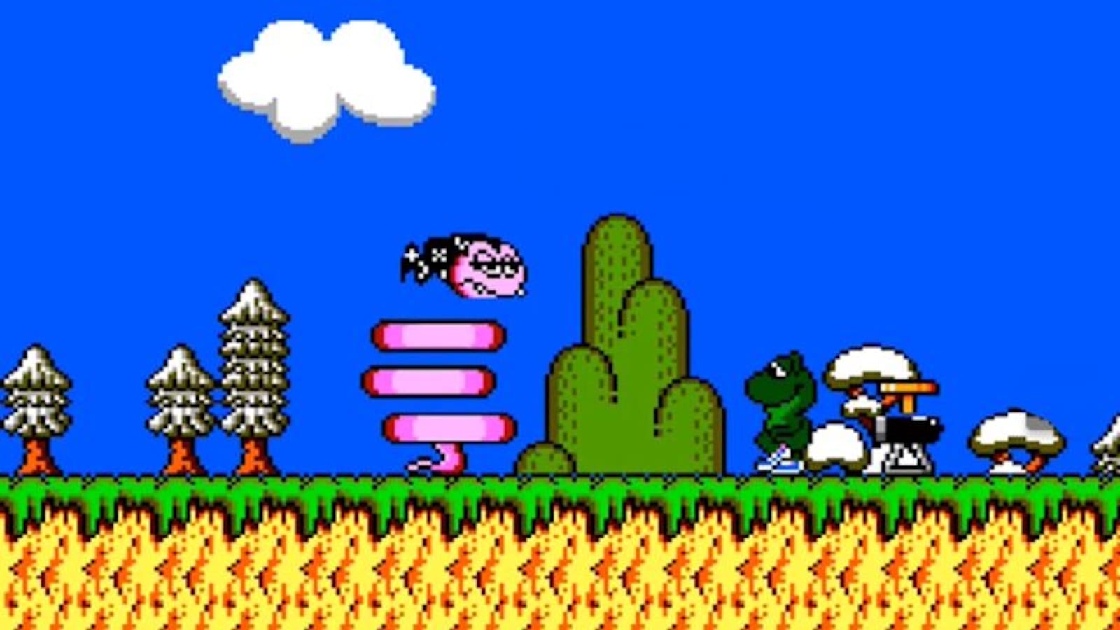 Cenário pixel‑art com céu azul, grama verde e solo amarelo estampado. No centro, criatura rosa em forma de mola com asas pretas. À direita, figuras cartunescas como dinossauro verde e personagem branco com capacete. À esquerda, pinheiros com neve.
