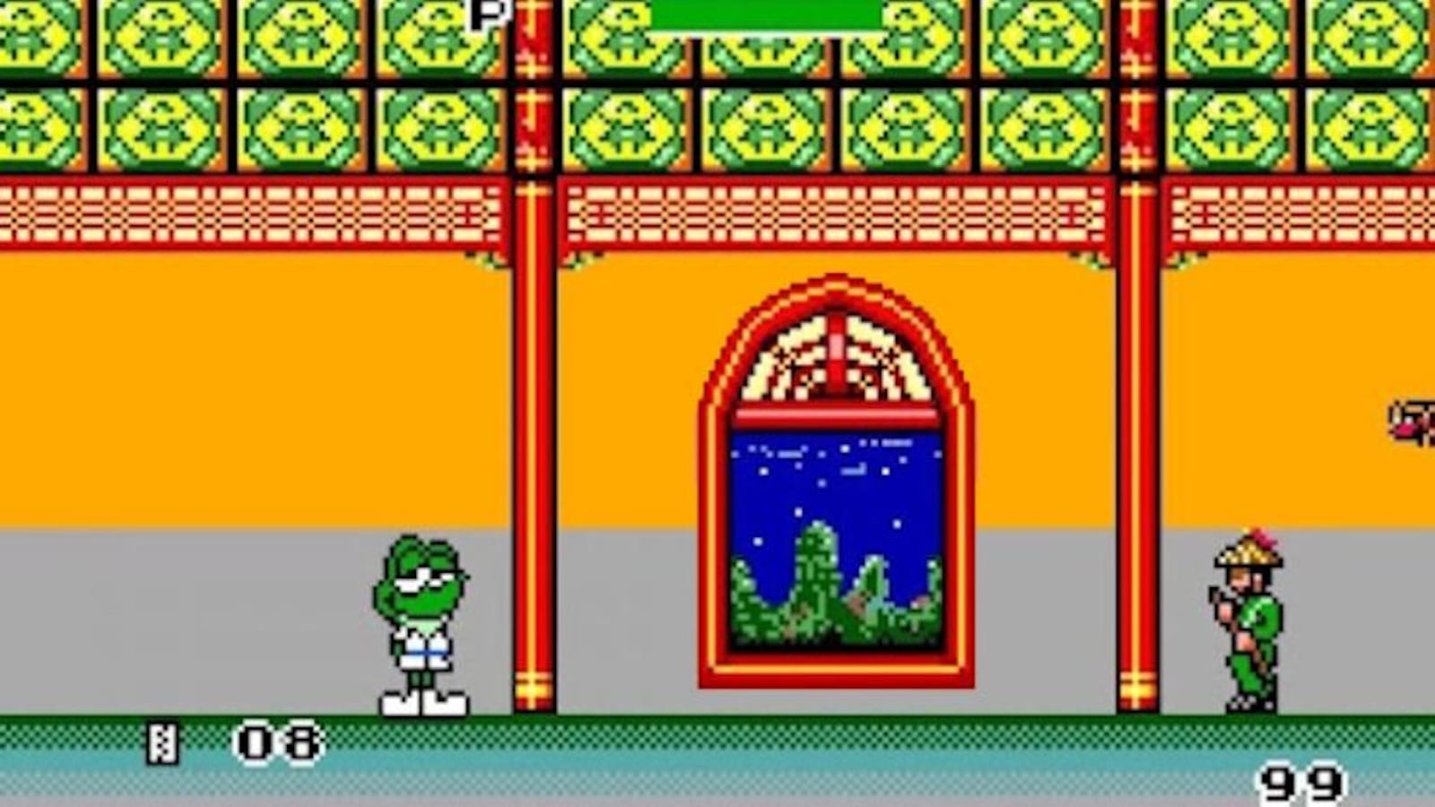 Cena pixelada com sapo verde usando shorts e tênis à esquerda e personagem humano de roupa verde e chapéu cônico à direita. O fundo tem parede decorada com colunas vermelhas, painéis amarelos e janela mostrando céu noturno com montanhas verdes.