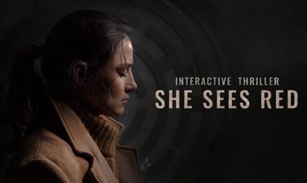 Poster com pessoa em perfil usando casaco marrom e gola alta diante de fundo escuro texturizado. Texto ‘Interactive Thriller — She Sees Red’ aparece à esquerda.