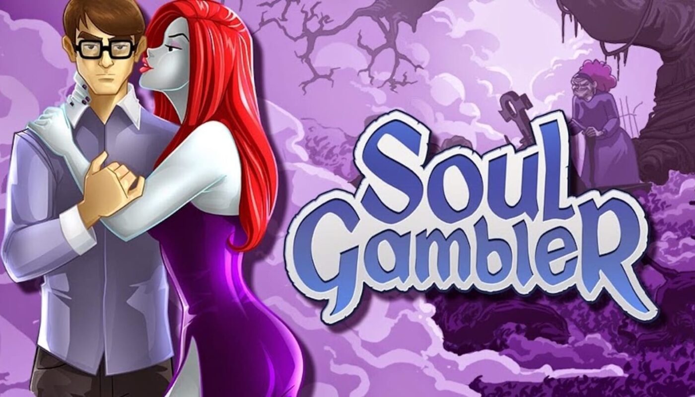 Ilustração com título ‘Soul Gambler’. Homem de óculos é abraçado por mulher de pele azul‑clara e cabelo vermelho, que sussurra em seu ouvido. Fundo roxo com árvores retorcidas e figura idosa ao longe.