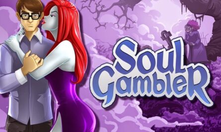 Ilustração com título ‘Soul Gambler’. Homem de óculos é abraçado por mulher de pele azul‑clara e cabelo vermelho, que sussurra em seu ouvido. Fundo roxo com árvores retorcidas e figura idosa ao longe.