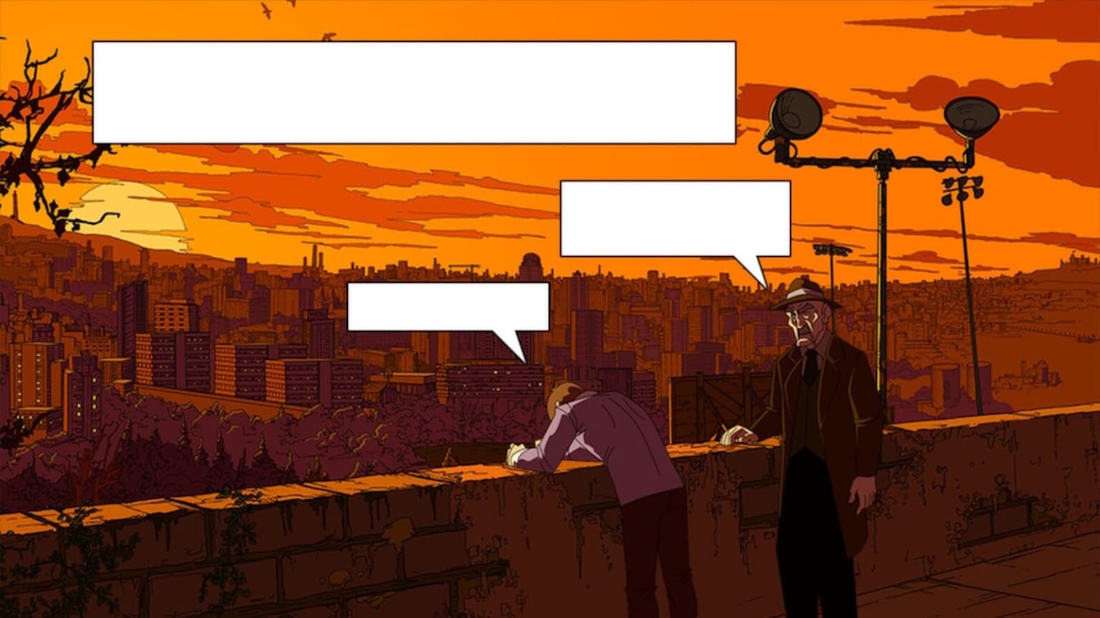 Cena ilustrada com dois personagens sobre beiral alto olhando cidade em tons escuros. Céu laranja e vermelho com sol baixo. Um personagem inclina‑se pensativo; o outro fica ereto com chapéu e casaco.