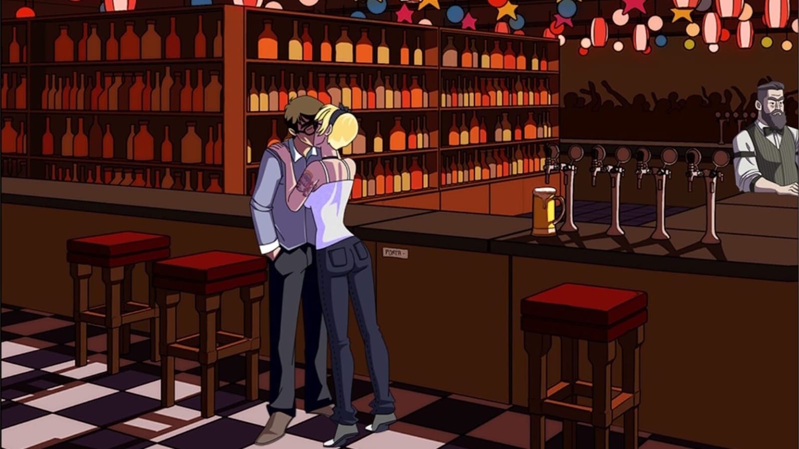 Ilustração em bar com prateleiras cheias de garrafas, luzes coloridas e balcão com torneiras de chope. Casal se abraça perto do balcão enquanto bartender observa com caneca de cerveja.