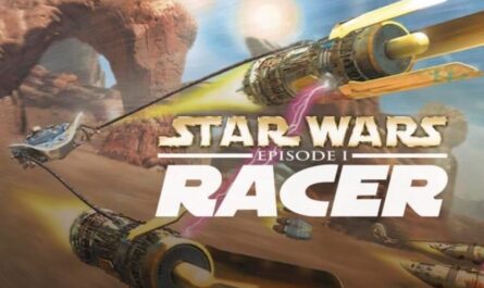 Cena mostrando um podracer acelerando em um deserto com formações rochosas. Dois motores grandes ligados por feixes de energia avançam em alta velocidade sob um céu claro. O título ‘Star Wars Episode I Racer’ aparece no topo.
