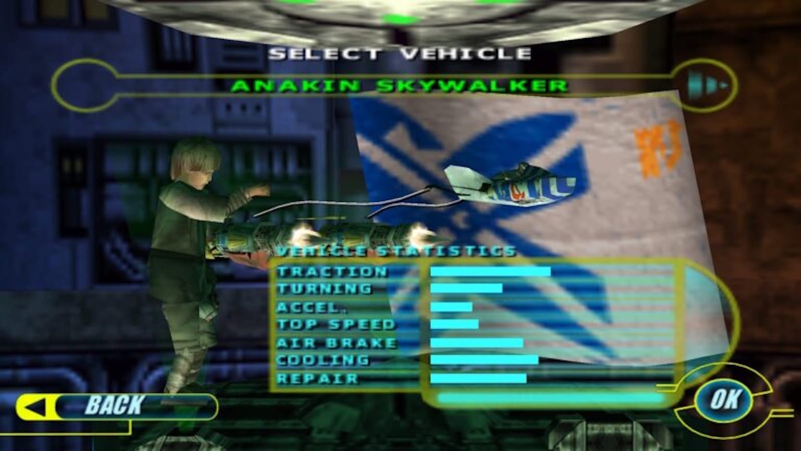 Tela de seleção de veículo do jogo mostrando Anakin Skywalker ao lado de seu podracer.