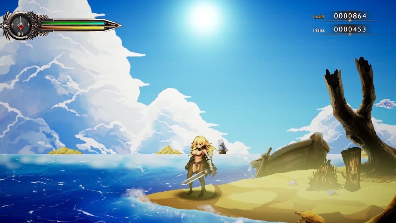 Cena animada com personagem de cabelo loiro em armadura segurando espada sobre pequena ilha cercada por mar azul. Ao fundo, nuvens grandes, sol e navio distante.