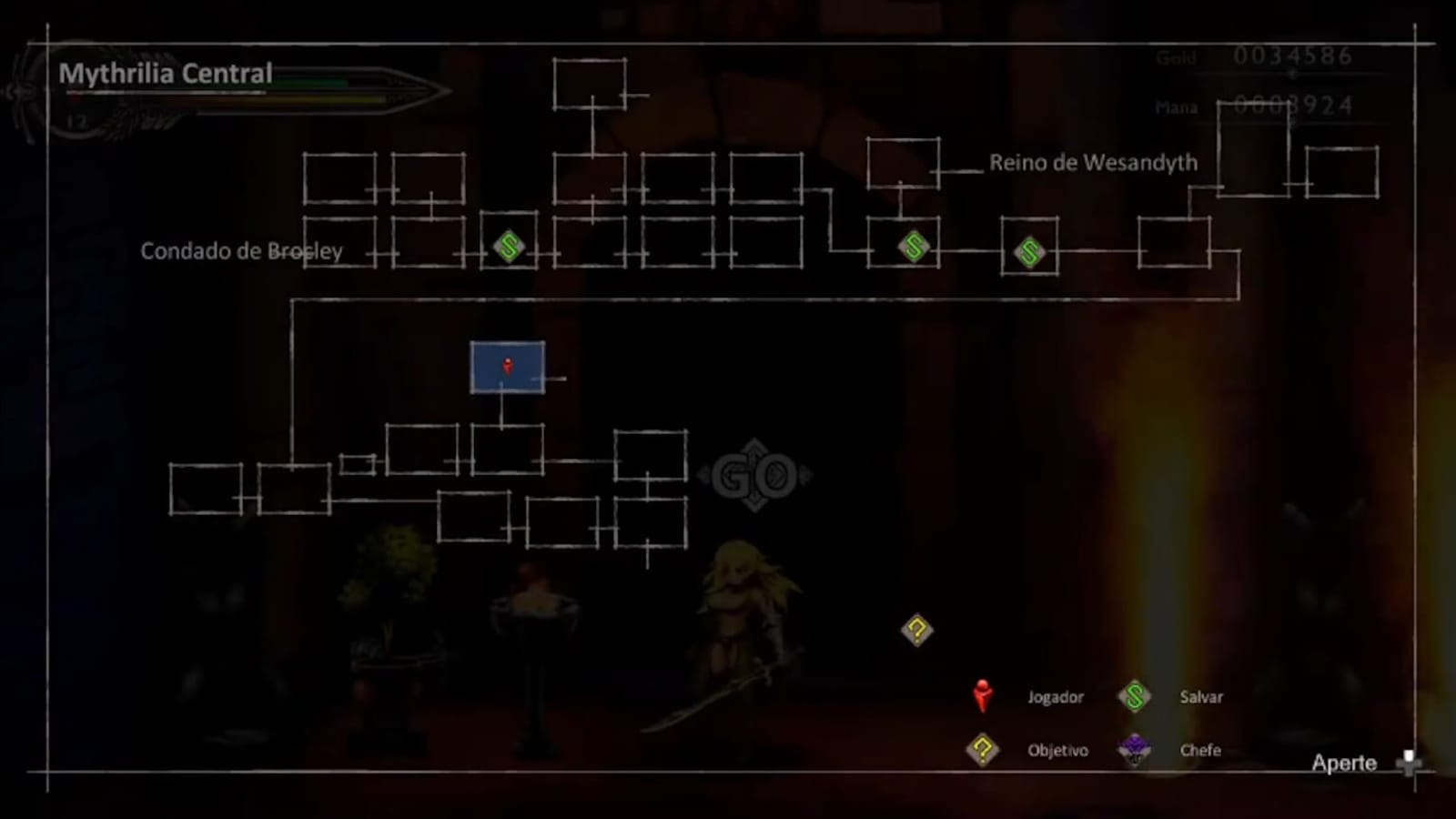 Interface de mapa com salas retangulares conectadas e nome ‘Mythrillia Central’ no canto superior. Ícones indicam jogador, pontos de salvamento, objetivos e chefe. Regiões como ‘Condado de Broley’ e ‘Reino de Wesandyth’ aparecem rotuladas. Ao fundo, personagem com espada em ambiente escuro.
