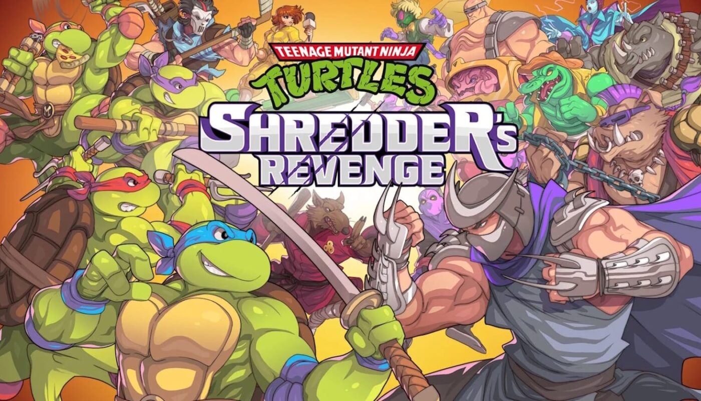 Poster colorido com as quatro Tartarugas Ninja à esquerda em poses de combate e seus inimigos, incluindo Shredder, Bebop, Rocksteady e Krang, à direita. Título ‘Teenage Mutant Ninja Turtles: Shredder’s Revenge’ aparece ao centro sobre fundo laranja e amarelo.