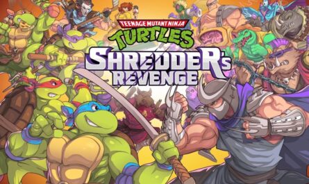 Poster colorido com as quatro Tartarugas Ninja à esquerda em poses de combate e seus inimigos, incluindo Shredder, Bebop, Rocksteady e Krang, à direita. Título ‘Teenage Mutant Ninja Turtles: Shredder’s Revenge’ aparece ao centro sobre fundo laranja e amarelo.