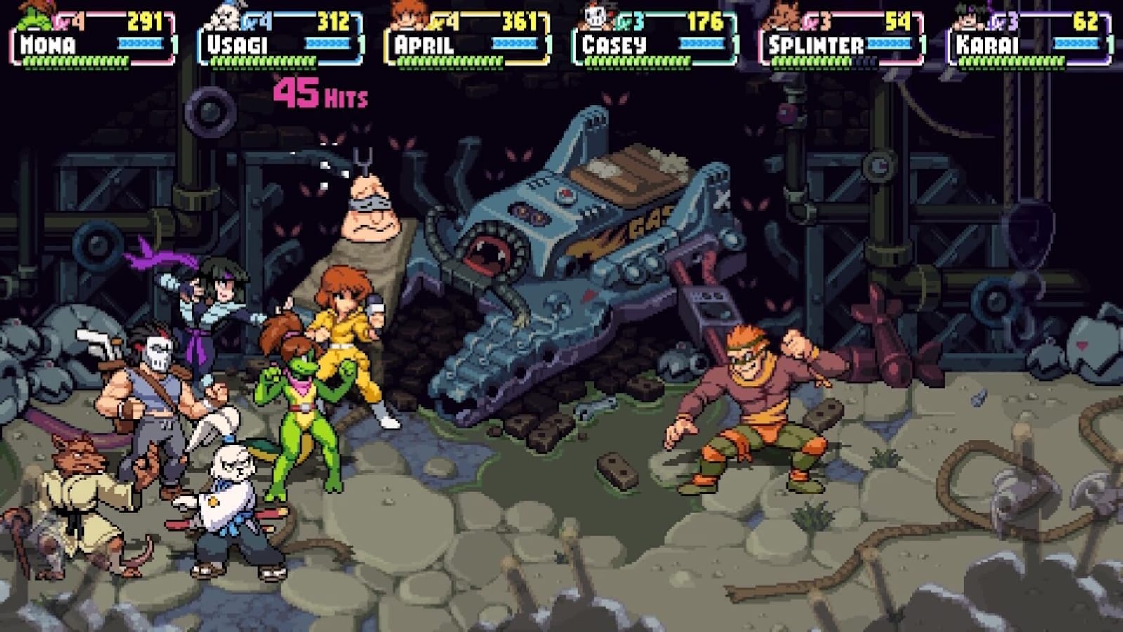 Cena pixelada em ambiente industrial com personagens como Mona, Usagi, April, Casey, Splinter e Karai, cada um com barra de vida.