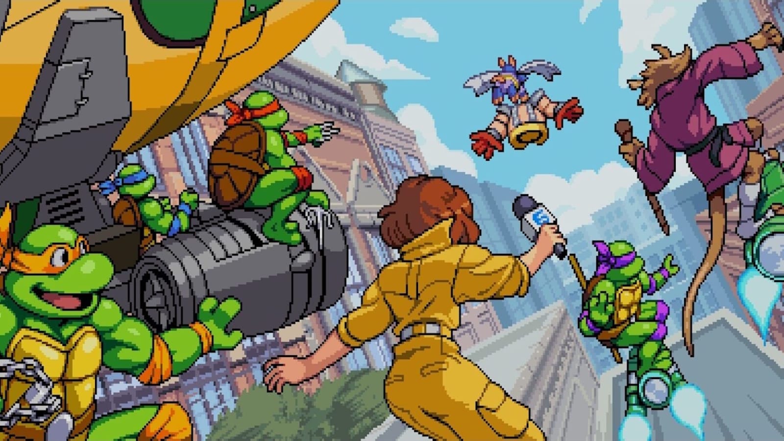 Cena pixelada com as quatro Tartarugas Ninja usando dispositivos a jato enquanto April segura microfone e Splinter escala prédio. Inimigo com asas mecânicas voa acima. Fundo mostra cidade com prédios sob céu azul.