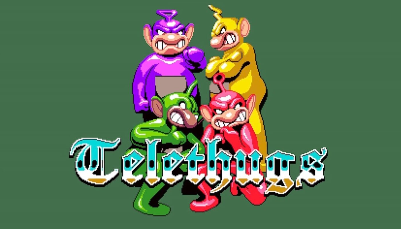 Logo do jogo Telethugs, com personagens estilo videogame em volta e o título 'Telethugs' em destaque.