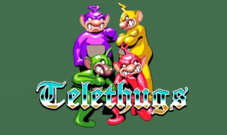 Logo do jogo Telethugs, com personagens estilo videogame em volta e o título 'Telethugs' em destaque.