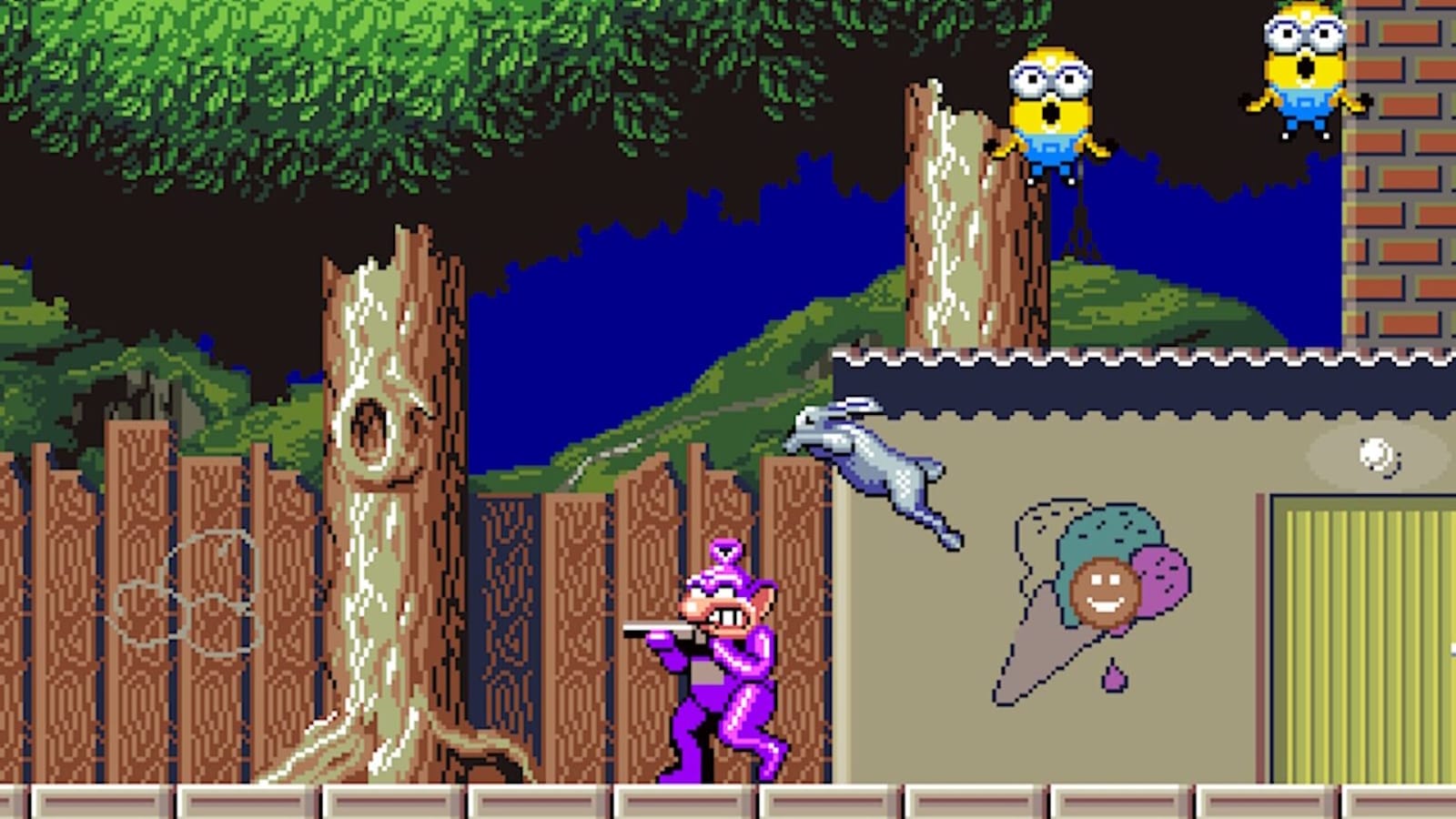 Cena de um jogo de plataforma: personagem roxo pulando em frente a um prédio de tijolos, com cenário de floresta ao fundo e dois inimigos no canto superior direito.