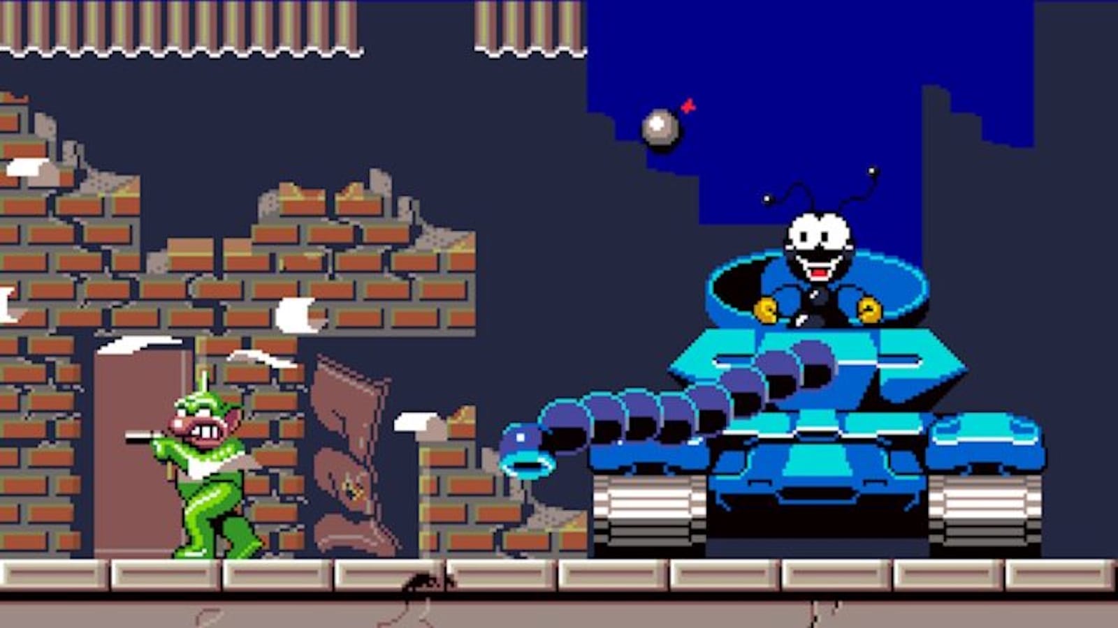 Cena de jogo noturna: um inimigo azul em forma de tanque/robô controlando a área enquanto um personagem verde luta no lado esquerdo, diante de tijolos.